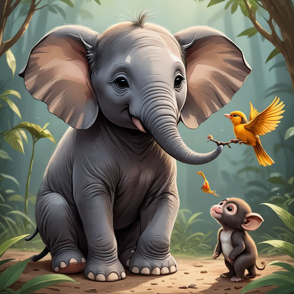a small elephant and a small bird in a jungle scene with a bird on a branch and a bird on the ground, sumatraism, a digital painting, Chris LaBrooy, highly detailed digital painting