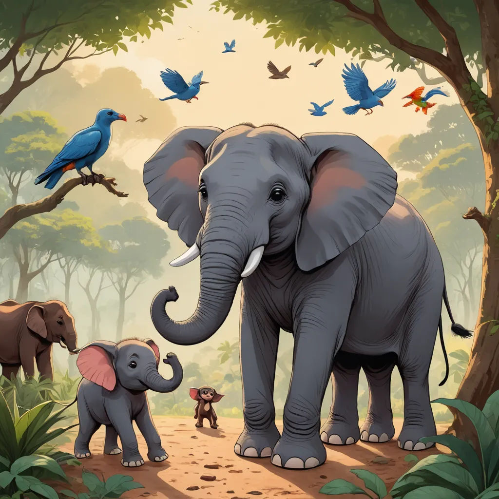 a painting of an elephant and two birds in a forest with trees and birds flying around it, and a blue bird on the right side of the elephant, sumatraism, a storybook illustration, Chris LaBrooy, storybook illustration