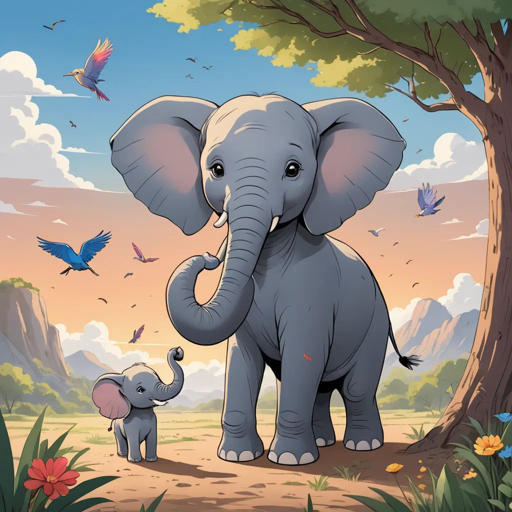 a baby elephant standing next to an adult elephant in a forest with birds flying around it and a tree with a bird on it, sumatraism, a storybook illustration, Chris LaBrooy, storybook illustration