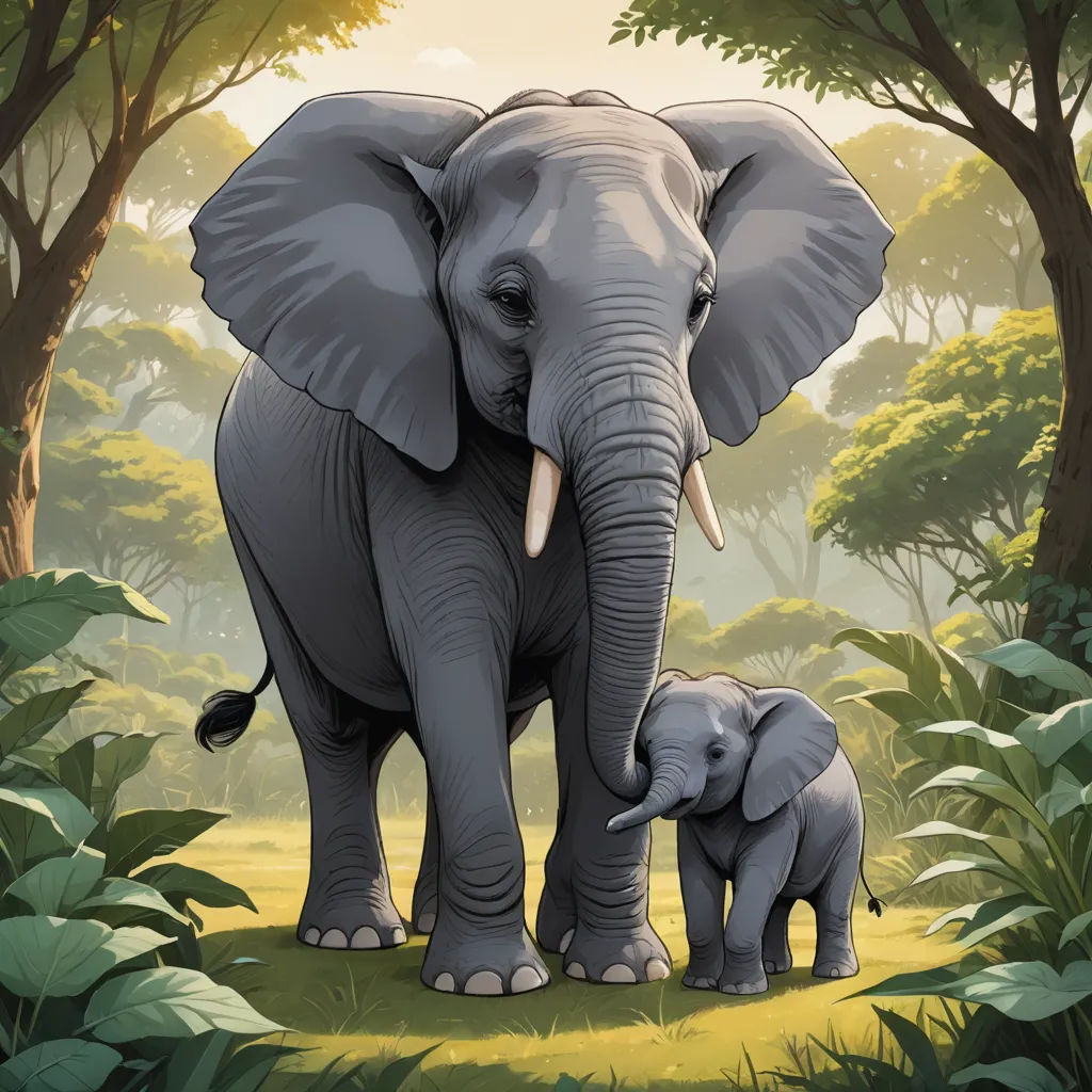 a large elephant and a small elephant standing in the jungle together, with trees and grass in the background, sumatraism, a storybook illustration, Chris LaBrooy, official art