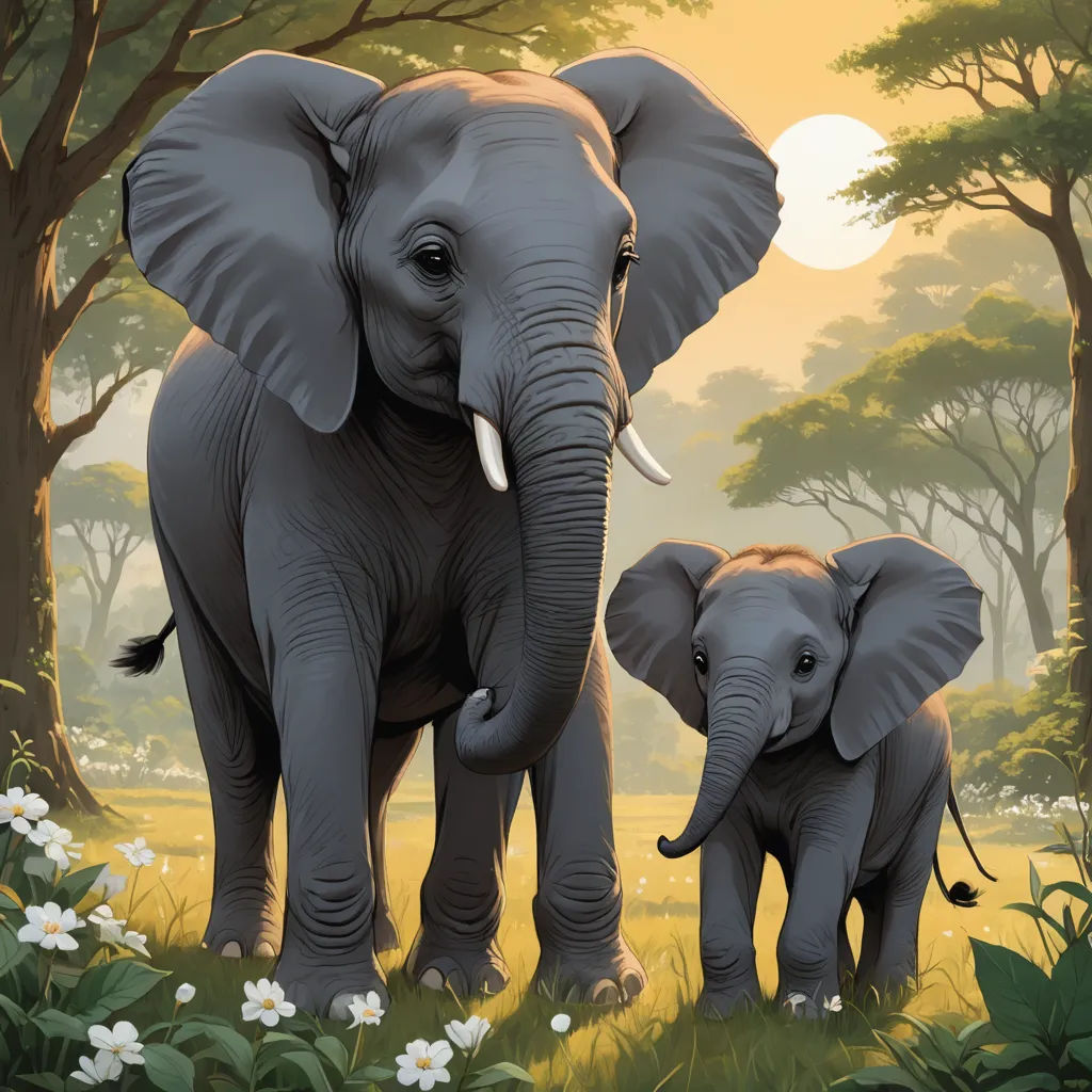 a painting of two elephants in a forest with trees and flowers in the background, with the sun setting behind them, sumatraism, a storybook illustration, Chris LaBrooy, highly detailed digital painting