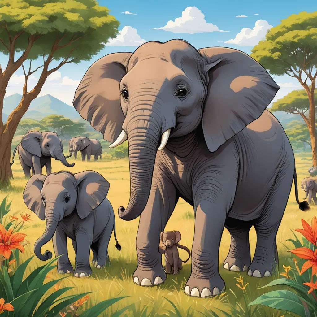 a group of elephants walking through a lush green field next to trees and flowers on a sunny day with a baby elephant, sumatraism, a storybook illustration, Chris LaBrooy, highly detailed digital painting