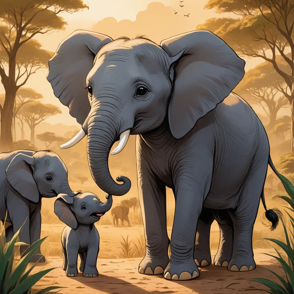 a baby elephant standing next to an adult elephant in a forest with trees and birds in the background,, sumatraism, a storybook illustration, Amédée Ozenfant, storybook illustration