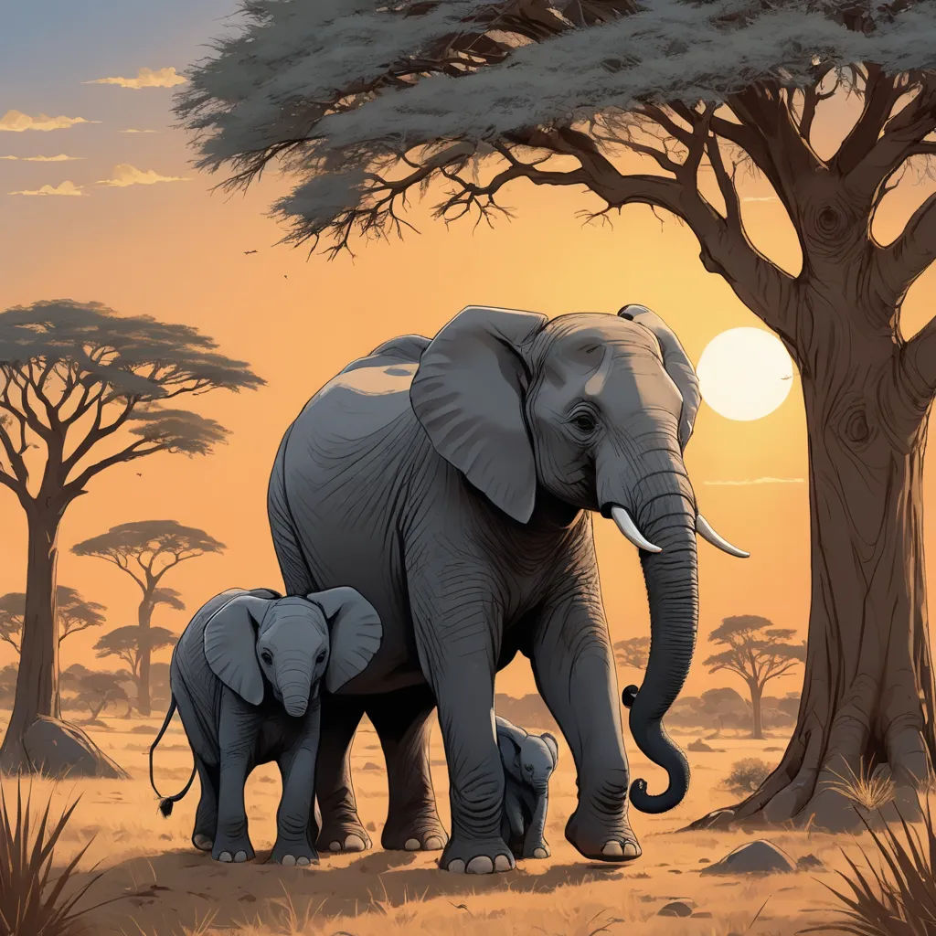 a painting of an elephant and her baby in the wild at sunset with trees and grass in the background, fantastic realism, a storybook illustration, Brothers Hildebrandt, highly detailed digital painting