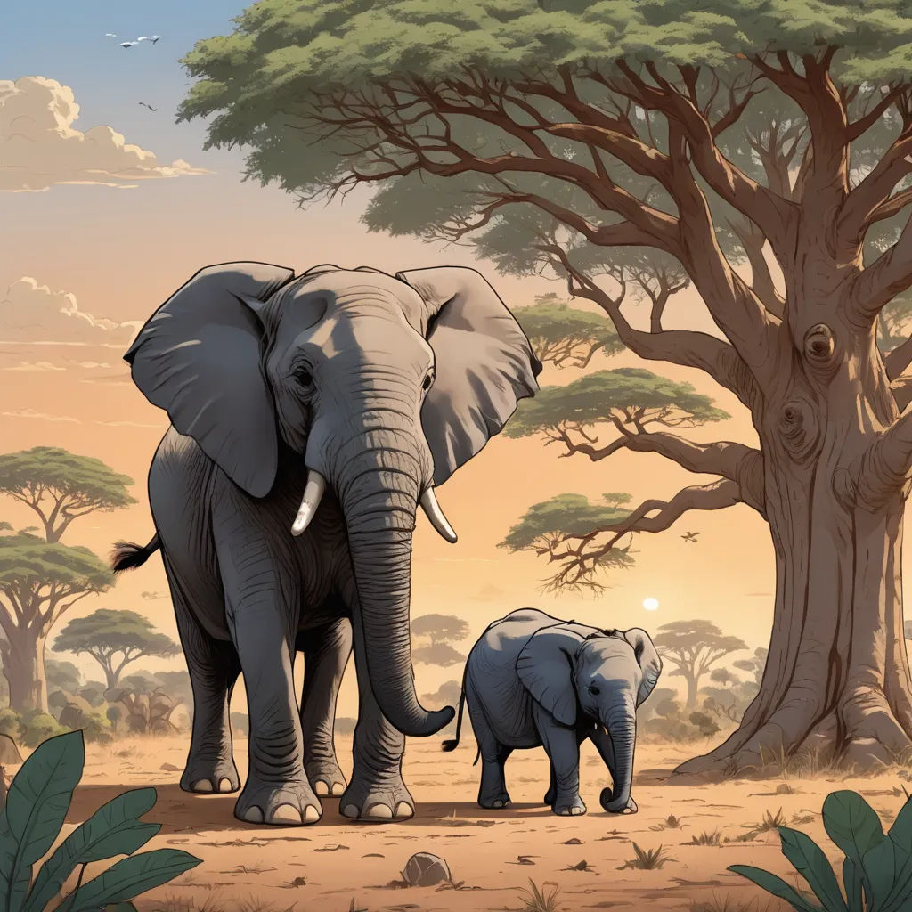 a couple of elephants standing next to a tree in a field of grass and dirt with a sky background, naturalism, a storybook illustration, Chris LaBrooy, highly detailed digital painting