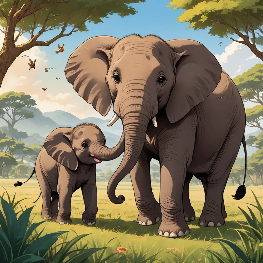 a baby elephant standing next to an adult elephant in a field of grass and trees with a sky background, sumatraism, a storybook illustration, Chris LaBrooy, official art