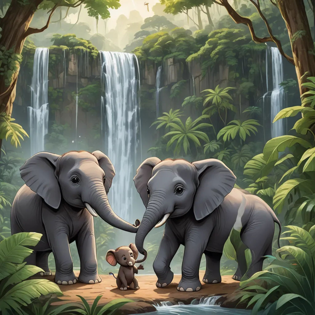 a couple of elephants standing next to a baby elephant in a forest with a waterfall in the background and a baby elephant standing next to it, magic realism, a storybook illustration, Chris LaBrooy, storybook illustration