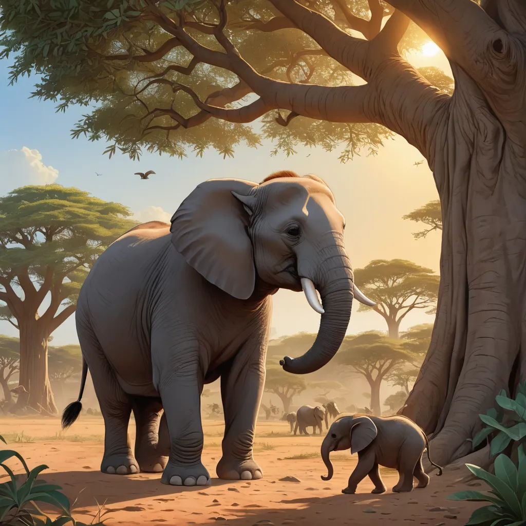 a large elephant and a small elephant walking in the dirt near a tree and a bird flying in the sky, fantasy art, a digital painting, Chris LaBrooy, highly detailed digital painting