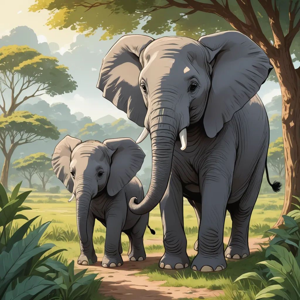 a couple of elephants standing next to each other on a field of grass and trees with a sky background, sumatraism, a storybook illustration, Chris LaBrooy, storybook illustration