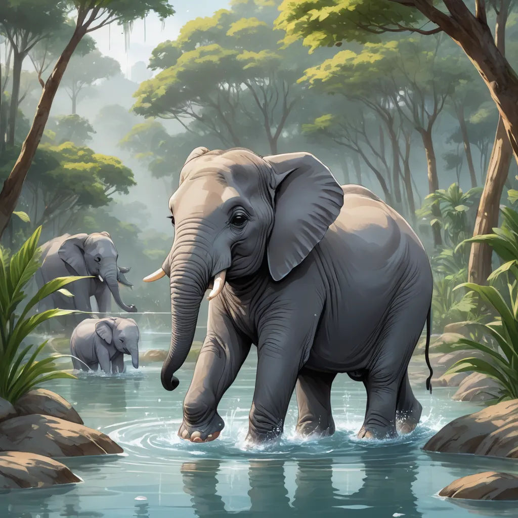 a painting of a group of elephants in a river with trees and rocks in the background and a few water lillies in the foreground, sumatraism, a storybook illustration, Chris LaBrooy, highly detailed digital painting