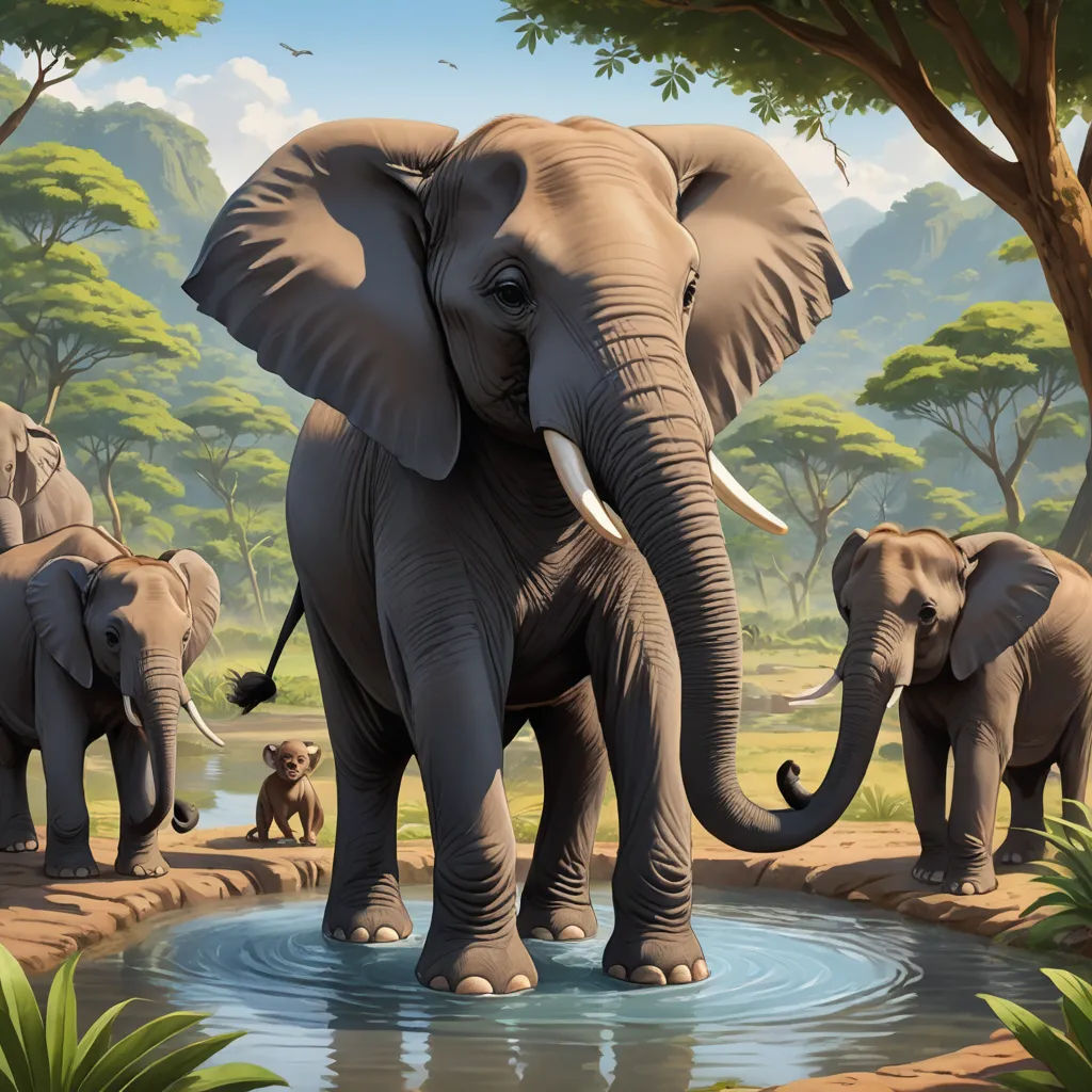 a group of elephants standing next to a body of water with trees in the background and a sky with clouds, fantastic realism, an airbrush painting, Chris LaBrooy, highly detailed digital painting