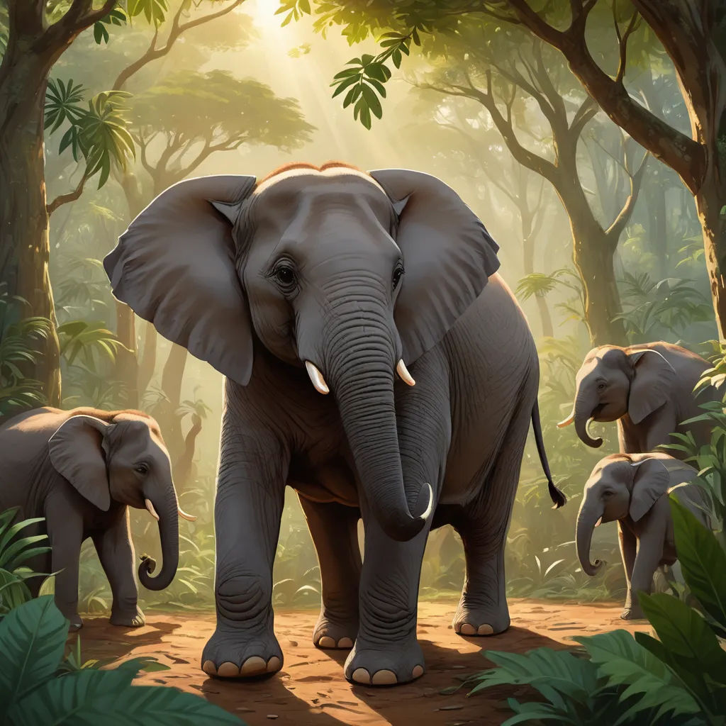a group of elephants walking through a forest filled with trees and plants, with a baby elephant standing between them, sumatraism, a digital painting, Chris LaBrooy, highly detailed digital painting