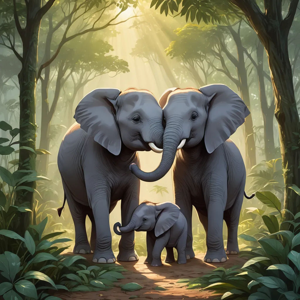 a painting of two elephants and a baby elephant in a forest with sunlight streaming through the trees and leaves, sumatraism, a storybook illustration, Chris LaBrooy, official art