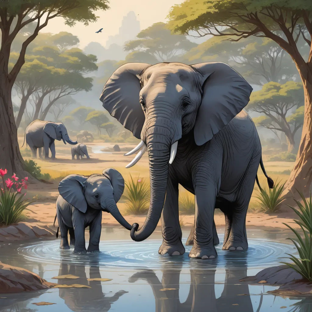 a painting of two elephants and a baby elephant in a watering hole with trees and flowers in the background, fantastic realism, an airbrush painting, Chris LaBrooy, highly detailed digital painting