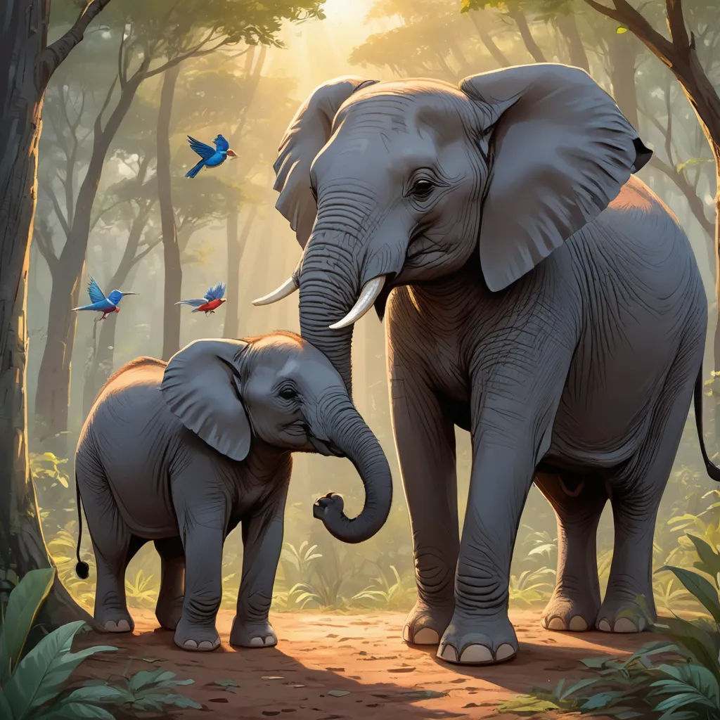 a painting of two elephants in a forest with birds flying around them and a baby elephant standing next to it, sumatraism, a digital painting, Chris LaBrooy, highly detailed digital painting
