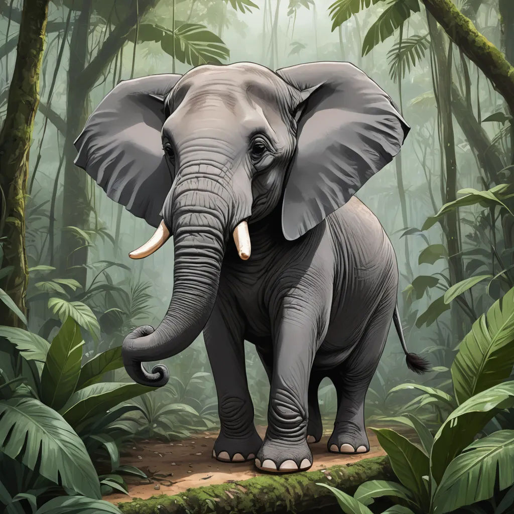 an elephant standing on a log in a jungle with trees and plants around it, with a large trunk sticking out of its trunk, sumatraism, a digital painting, Amédée Ozenfant, highly detailed digital painting