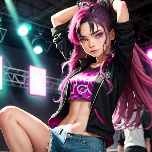a girl with pink hair and a black jacket on sitting on a stage with her arms behind her head