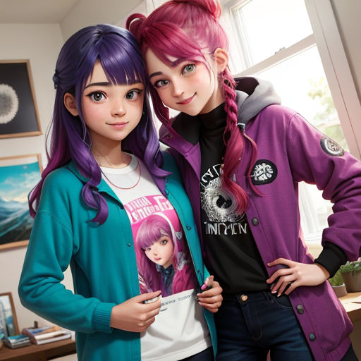 two girls standing next to each other in a room with a window and a painting on the wall behind them