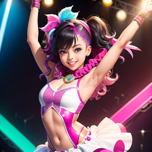 a woman in a pink and white outfit dancing on stage with lights behind her and a microphone in her hand