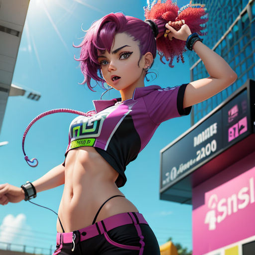 a woman in a purple outfit is posing for a picture in a city street with a pink hair and a pink top