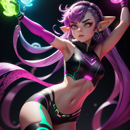 a woman in a bikini holding a glowing wand and a glowing light up wand in her hand, with a black background