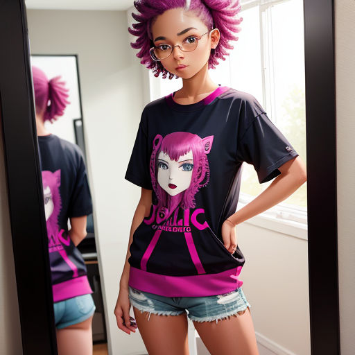 a woman with pink hair and glasses standing in front of a mirror wearing a black shirt with a pink cat on it