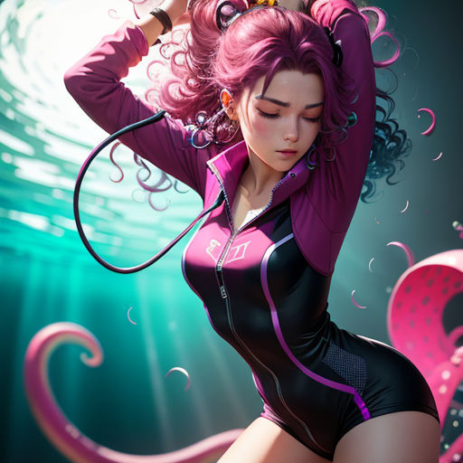 a woman in a wet suit holding a hair dryer in her hand and a pink octopus in the background