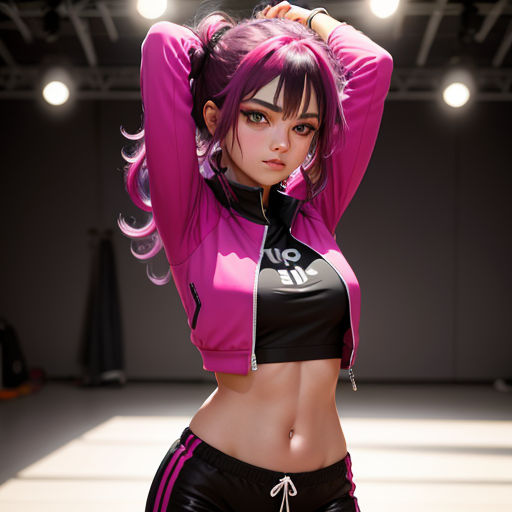a woman with purple hair and black shorts is posing for a picture in a studio with lights overhead and a spotlight