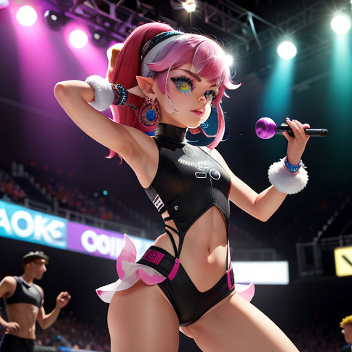 a cartoon character in a bikini performing on stage with a microphone in her hand and a crowd in the background