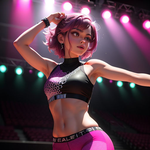 a woman in a black top and pink shorts is dancing on stage with a microphone in her hand and a spotlight behind her