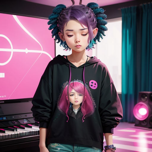 a girl with pink hair and a black hoodie with a picture of a girl with pink hair and a black shirt with a pink background