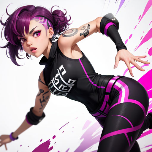 a woman with purple hair and tattoos is posing for a picture in a pink and black outfit with a pink and white background