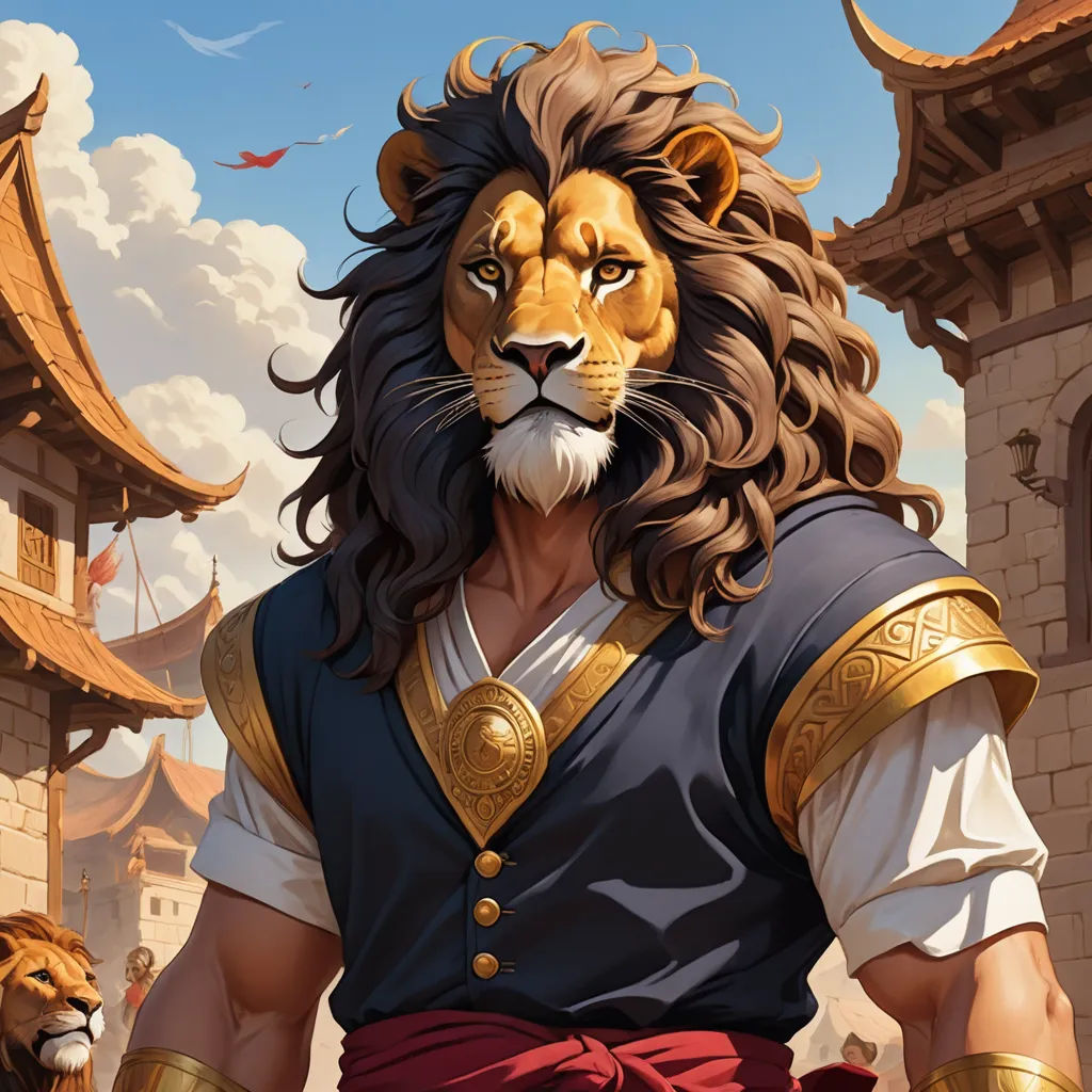a lion in a costume standing in front of a castle with a lion on it's back and a lion on the other side, furry art, a character portrait, Clint Cearley, epic fantasy character art