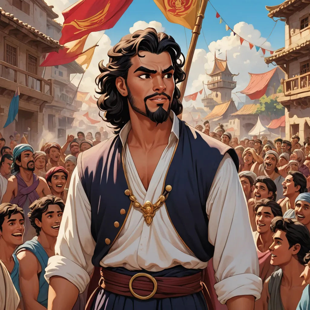 a painting of a man in a crowd of people with a flag in his hand and a man in a blue vest, fantasy art, a comic book panel, Altoon Sultan, official art