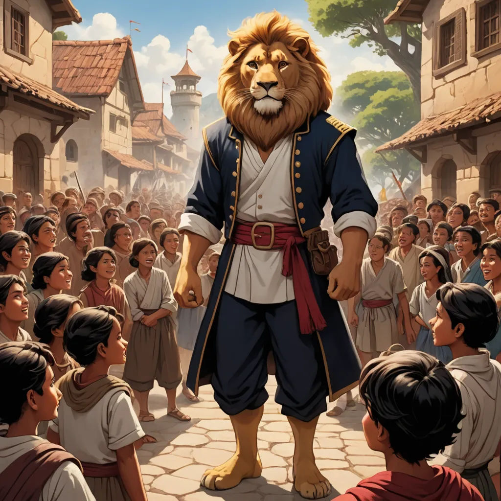 a lion standing in front of a crowd of people in a village with a man in a lion costume, furry art, a storybook illustration, Chris LaBrooy, official art