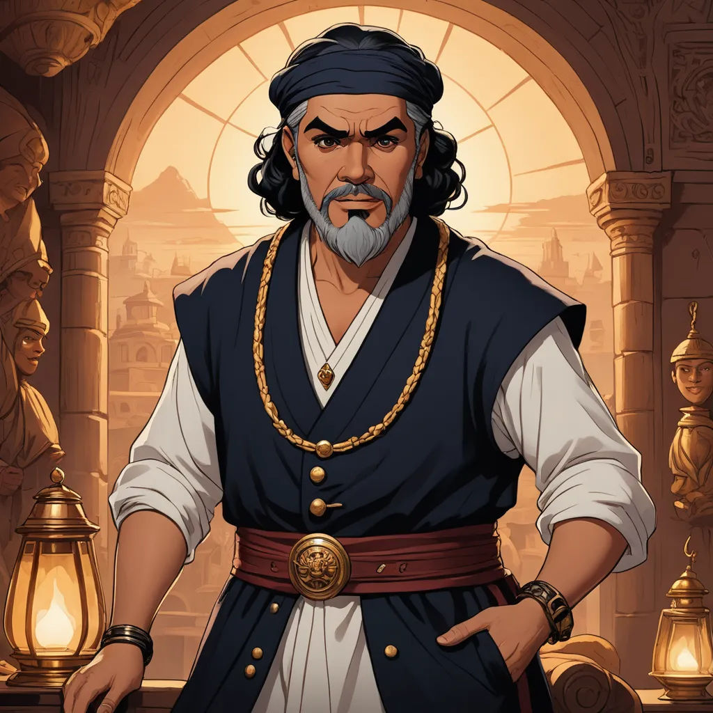 a cartoon of a man in a pirate costume with a beard and a beard, standing in front of a doorway, samikshavad, a character portrait, Altoon Sultan, character portrait