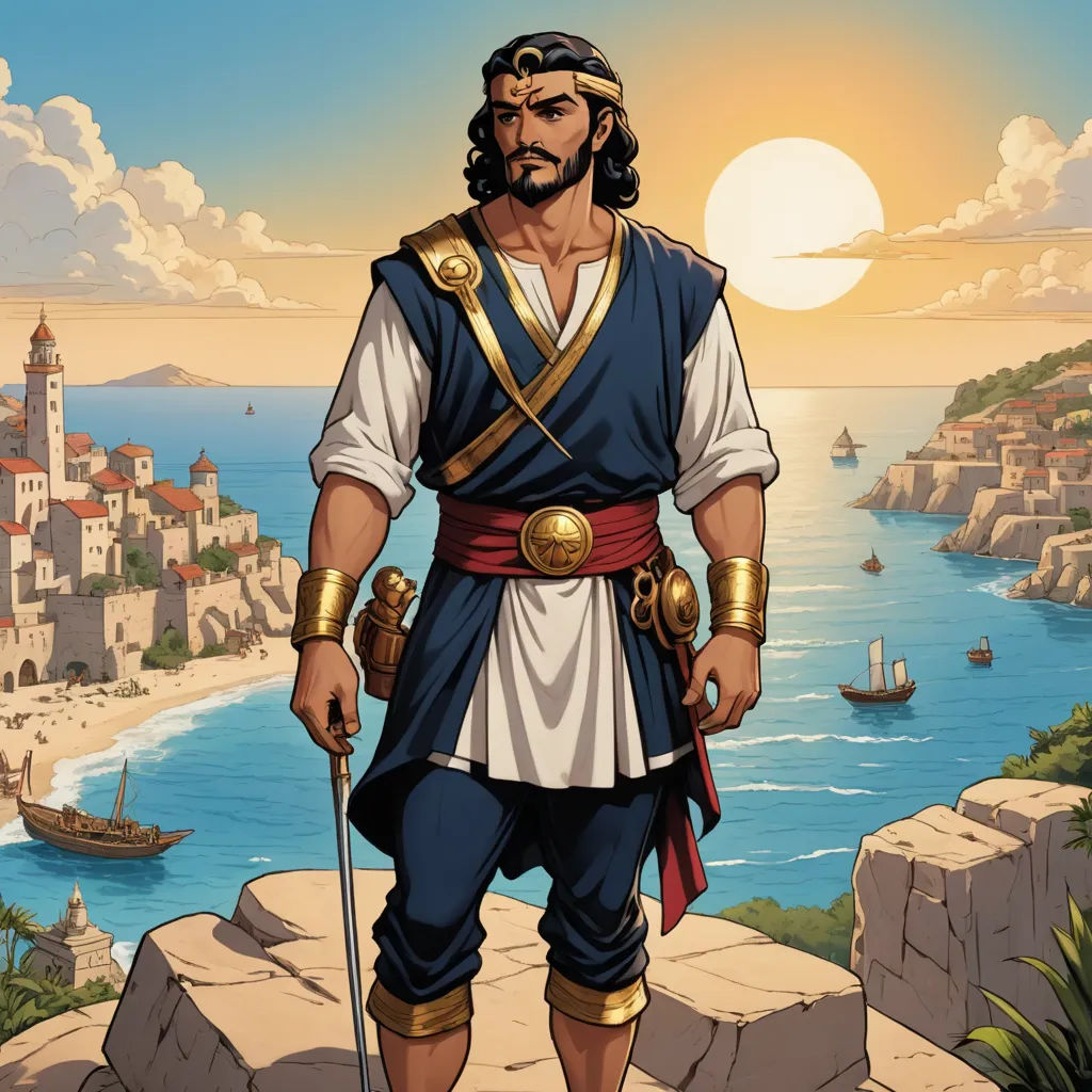 a man in a roman costume standing on a cliff overlooking the ocean and a town with a boat in the background, hurufiyya, a comic book panel, Altoon Sultan, western comic book art
