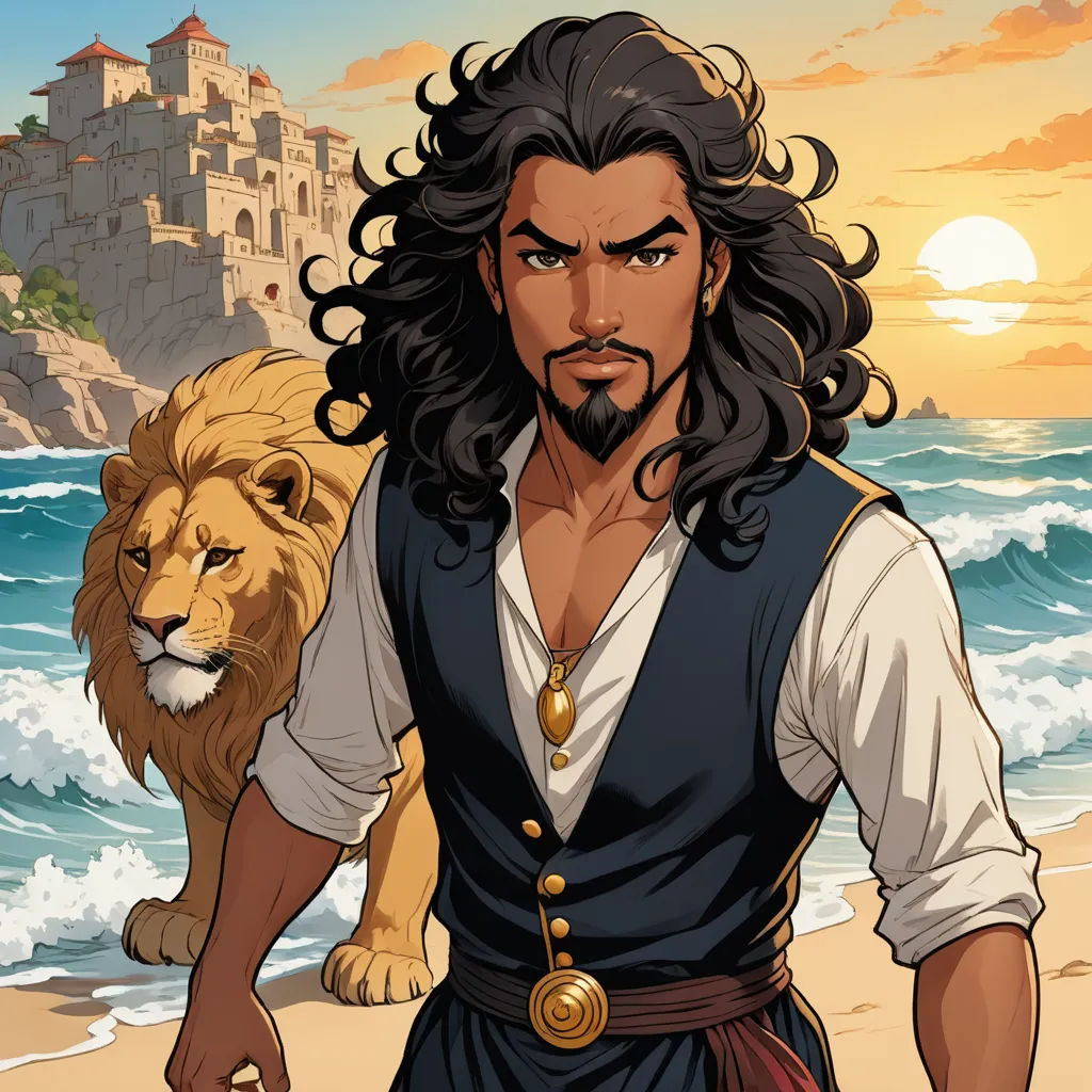 a man with a lion on a beach near the ocean and a castle in the background with a sunset, fantasy art, a character portrait, Altoon Sultan, official art