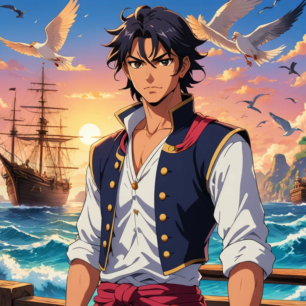 a man in a pirate costume standing on a pier with a ship in the background and seagulls flying around, dau-al-set, a character portrait, Altoon Sultan, official art