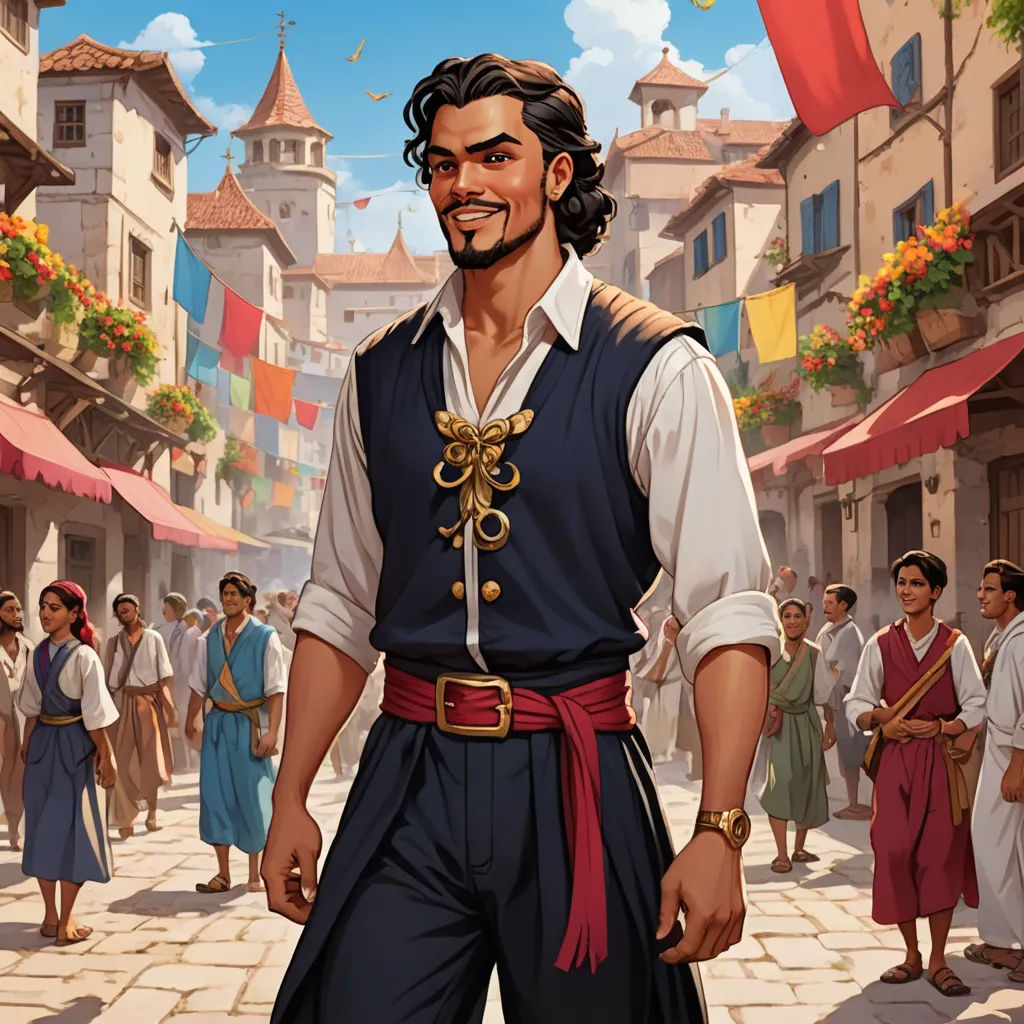 a man in a pirate costume standing in front of a crowd of people in a town square with a banner in the background, fantasy art, a character portrait, Altoon Sultan, official art