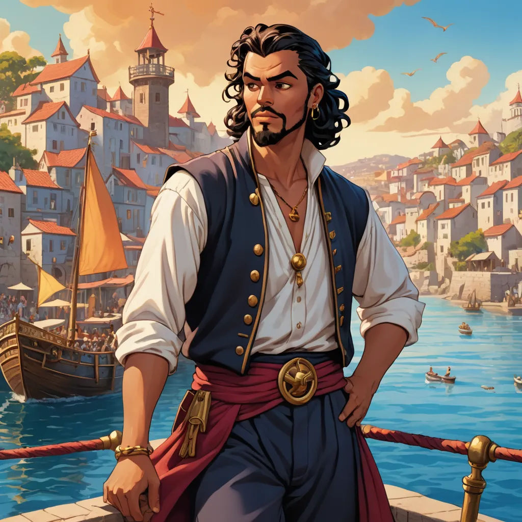 a man in a pirate costume standing on a dock next to a river and a town in the background, fantasy art, a character portrait, Altoon Sultan, magic the gathering artwork