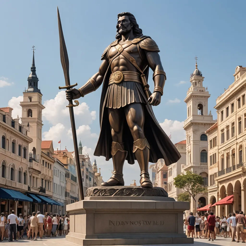 a statue of a man holding a sword and a sword in his hand in a city square with people walking around, classical realism, a bronze sculpture, Aladár Körösfői-Kriesch, heroic pose
