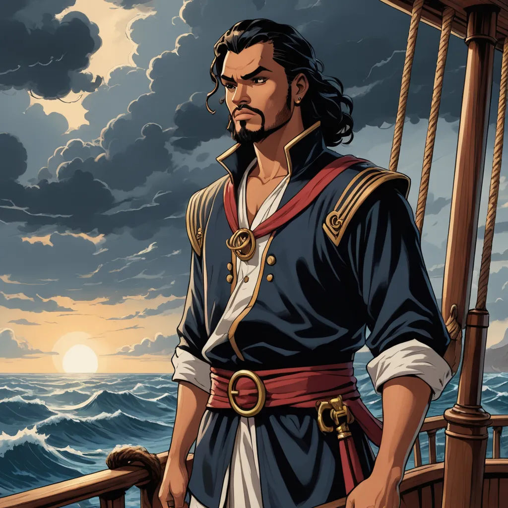 a man in a pirate costume standing on a boat in the ocean with a full moon in the background, fantasy art, a character portrait, Altoon Sultan, official art