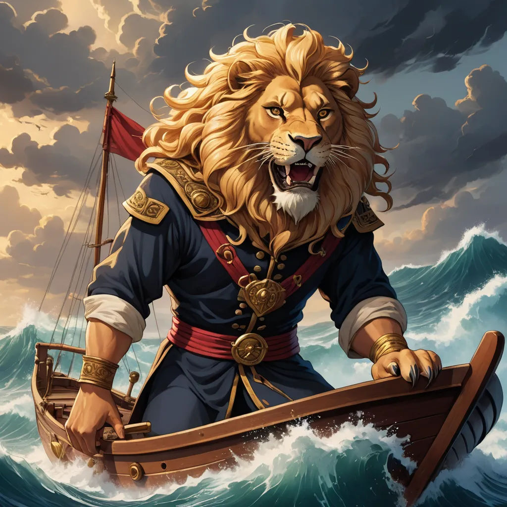 a lion in a boat in the ocean with a boat in the water and a boat in the water, fantasy art, a character portrait, Chris LaBrooy, magic the gathering artwork