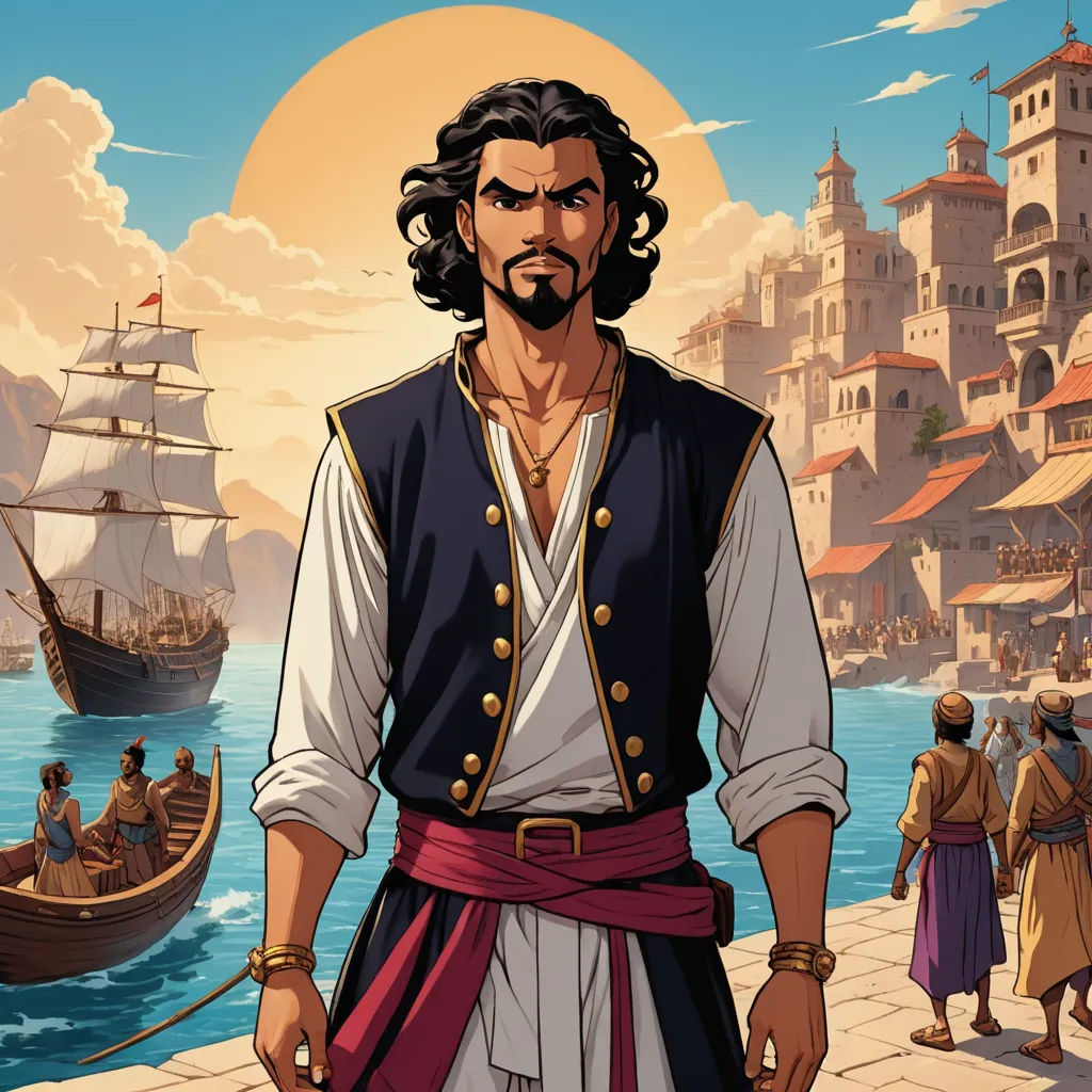a man in a pirate costume standing in front of a harbor with a boat and people in it,, fantasy art, a comic book panel, Altoon Sultan, official art