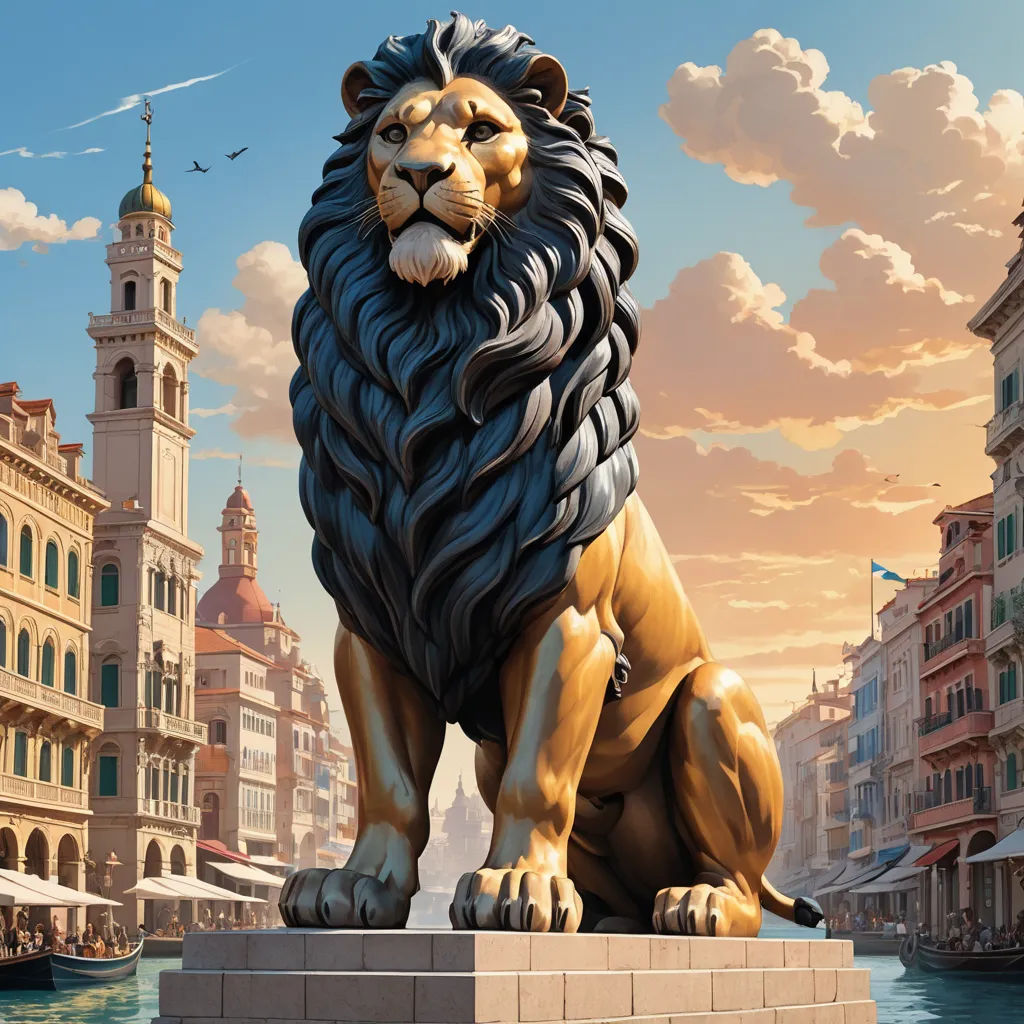 a lion statue sitting on top of a stone block in front of a cityscape with a clock tower, fantasy art, a detailed matte painting, Christophe Vacher, highly detailed digital painting