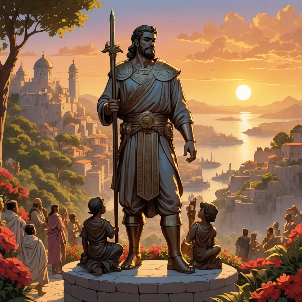 a painting of a man with a sword standing in front of a city and a lake with people around him, fantasy art, a statue, Brothers Hildebrandt, magic the gathering artwork