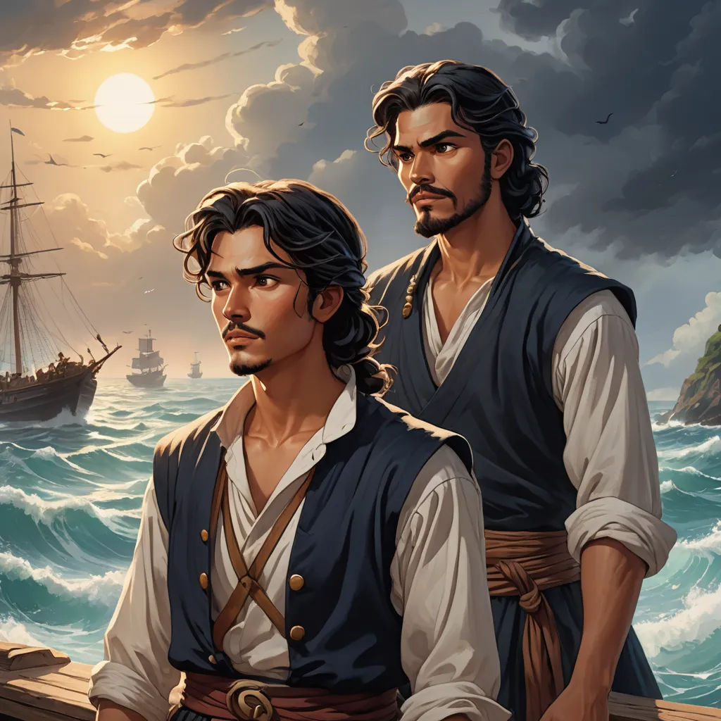 a painting of two men standing on a boat in the ocean with a ship in the background and a full moon in the sky, fantasy art, a comic book panel, Brothers Hildebrandt, official art