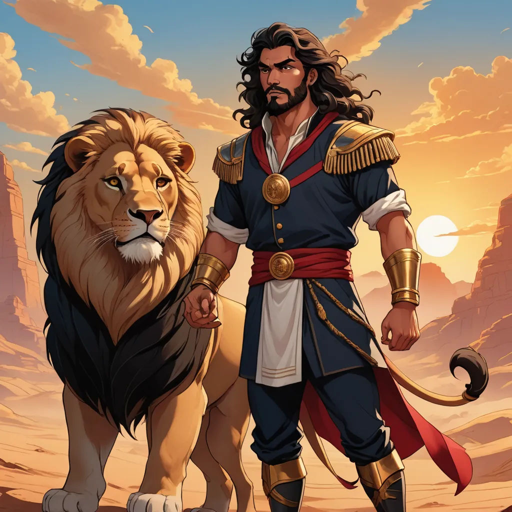 a man in a lion costume standing next to a lion in a desert area with a sunset behind him, fantasy art, a comic book panel, Altoon Sultan, official art