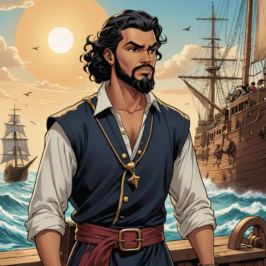 a man in a pirate costume standing on a pier with a ship in the background and a bird flying overhead, fantasy art, a comic book panel, Altoon Sultan, epic fantasy character art